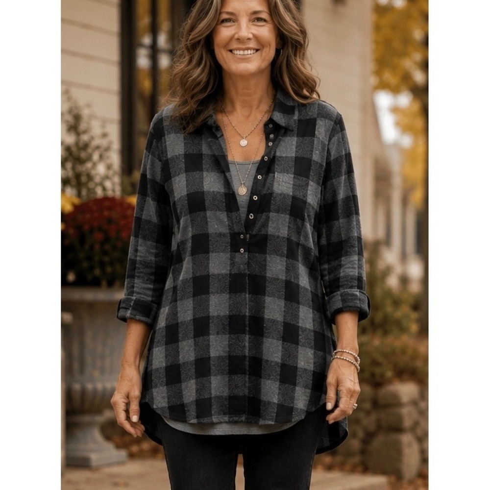 Soft Surroundings Womens Top Grey Black Buffalo Plaid Medium Tunic Cozy